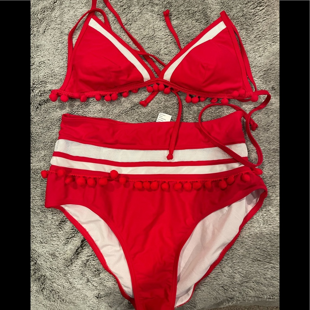 Red/White pom pom bathing suit